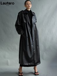 Lautaro Autumn extra lång överdimensionerad svart faux lädergravrock för kvinnor långärmad bälte dubbelbröst löst mode 240129