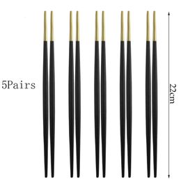 5 Pairs Japanese Korean Chinese Chopsticks Black Gold Stainless Steel Set Tableware Sushi Chopstick Length 22cm Drop 240127