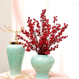Decorative Flowers 73cm Long Artificial Berry Branches Silk Red Holly Fruit Foam Golden Leaves For Chinese Year Winter Home Table Decor