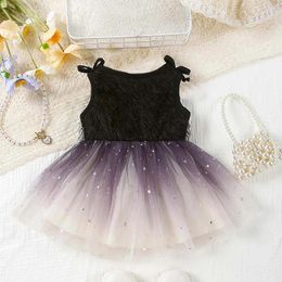 Girl Dresses Stars Print Sequin Tulle Dress Baby Tank Sleeveless Summer Infant Mesh Ruffle Trim Bowknot Sundress