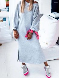 Casual Dresses 2024 Loose Loungewear Maxi Dress Autumn Winter Simple O-Neck Fashion Party Women Holiday Long Sleeve Split Ladies