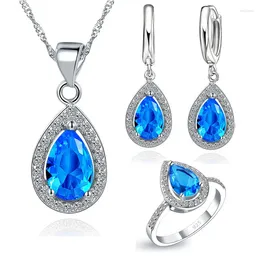 Necklace Earrings Set Luxury Wedding Water Drop With Shiny Cubic Zirconia 925 Sterling Silver Necklaces Finger Rings