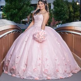 Pink Sweetheart Ball Gown Quinceanera Dresses Beaded Celebrity Party Gowns Applique Lace Tull Graduation Vestido De 15 Anos Robe De