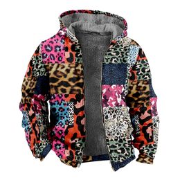 Autumn Winter Fleece Zip Up Hoodies Original Leopard Patchwork Digital Print Men Parka Coat Jackets Outerwear Sweatshirts Street 240123