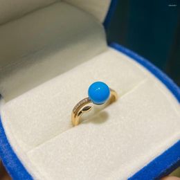 Cluster Rings JHY2024 G18K Solid Gold 18K Natural Blue Turquoise Gemstones 7mm Diamonds Female Casual Sporty