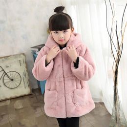 Jackets 2024 Winter Girls' Warm Cotton Jacket Imitation Fur Coat Medium Length 3-10 Years Old