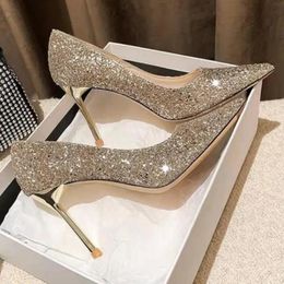 Stiletto 787 Pointed Sexy Heels Sier Sequins Shallow Mouth Single Womens Work Dress Shoes High Heel Pumps 240125 871