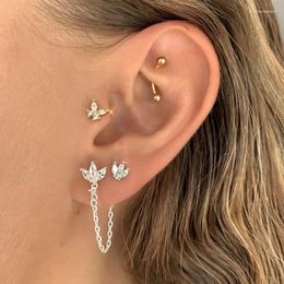 Stud Earrings Flower Chain Tassel Piercing For Womens Fashion Gold Color Crystal Zircon Tragus Ear Jewelry Accessories KBE485