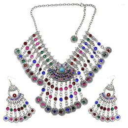 Necklace Earrings Set Colourful Crystal Antique Coin Tassel For Women African Statement Tibetan Bohemian Maxi Afghan Jewerly Sets