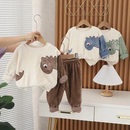 Winter Keep Warm Clothes for Baby Boys Autumn Flannel Dinosaur Tops Pants 2Pcs Set Toddler Fashion Casual Outfits Kids Tracksuit 240202