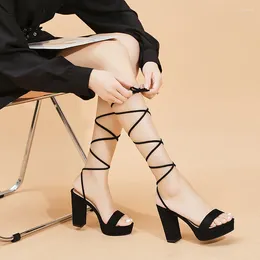 Dress Shoes Ankle Strapped Women Sandals Fashion Ladies Lace-up Casual Thick High Heels Sex Solid Color Platform Open-toe Pumps