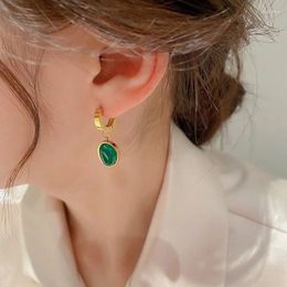 Hoop Earrings 2024 Niche Vintage Style Stainless Steel Green Pendant Earring For Women Banquet Party Exquisite Valentines Day Gift