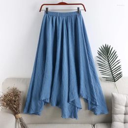 Skirts Linen Skirt Women's Spring Summer 2024 Women Midi Solid Colour Wild Irregular Pleated Blue Black Big Swing Fishtail