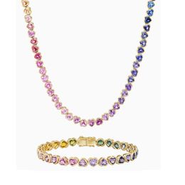 Arrived Gradual Rainbow Colourful Jewellery Set Gold Colour Bezel Heart Shaped CZ Tennis Chain Bracelet Necklace For Women 240122