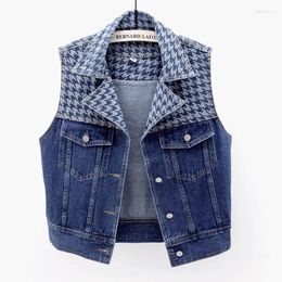 Women's Vests 2024 Splicing Denim Vest Women Spring Autumn Short Sleeveless Jean Cardigan Coat Female Jeans Waistcoat Casual Outerwear Tops