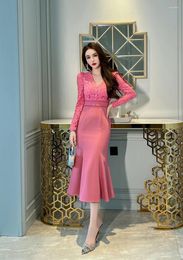 Casual Dresses Fashion V-neck Splice Lace Dress High Waist Slim Solid Pink Autumn And Winter Elegant Party For Women 2024