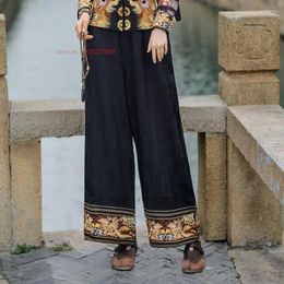 Ethnic Clothing 2024 Chinese Vintage Satin Jacquard Trousers National Flower Embroidery Harajuku Folk Pants Elastic Waist Harem