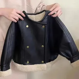 Jackets Girls Autumn And Winter 2024 Fashion Plush Thick Leather Jacket Childrens Black Cool Warm Fur