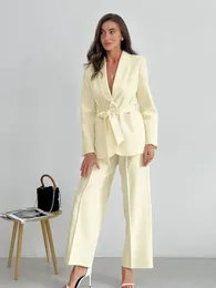 Women's Two Piece Pants Tesco French Suit White Blazer And Wide Leg Trousers Shawl Collar Lace Up Jacket Pantsuit Elegant Lady Outfits 2