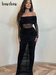 Casual Dresses Hawthaw Women Long Sleeve Mesh See Through Party Club Bodycon Black Midi Dress 2024 Fall Clothing Wholesale Items For