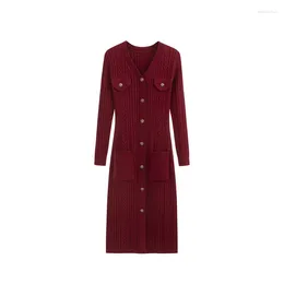 Casual Dresses Knitted Dress Women's Autumn 2024 Round Neck High Waist Long Sleeve Slim Sweater Small Red
