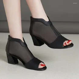 Dress Shoes 2024 Summer Women's Zip Sandals Mesh Breathable Peep Toe Square Heel Boots Solid High Pump Ladies
