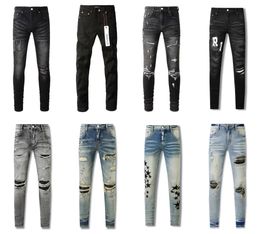 Amirir Jeans Tasarımcısı Amirs Kot pantolon Mor Kot Pantolon Yürüyüş Pantolon Yırtılmış Hip Hop Yüksek Sokak Moda Marka Pantalones Para Hombre Nakış Yakın Uygun Mor Marka