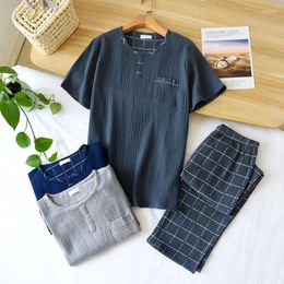 Men's Sleepwear Spring And Summer Short Sleeve Long Pants Cotton Round Neck Checkered Printed Nightwear Home Pajamas Clothing Set