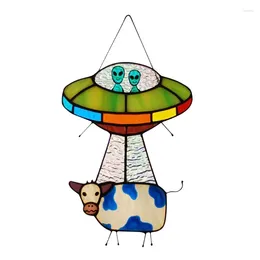 Garden Decorations Painted UFO Pendant Cow Stained Glass Window Panel For Creative Door Hanging Home Decoration