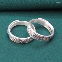 Cluster Rings Pure Silver Enamel Small Flower For Women Vintage Ethnic 999 Pink Finger Matte Ring Adjstable Jewelry JZ141