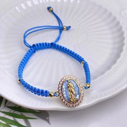 Strand Fashion Women Blue Woven Rope Bangle CZ Handmade Multicolor Virgin Mary Charm Adjustable Bracelets Friendship Jewellery Girls Gift