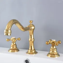 Bathroom Sink Faucets Basin Gold Color Brass Deck Mounted 3 Hole Double Handle And Cold Water Tap Tnf983