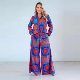 Women's Two Piece Pants Printed Shirt 2 Pieces Set Women Single Breasted Lapel Loose Shirts Tops And Wide Leg High Waist Trousers Suits