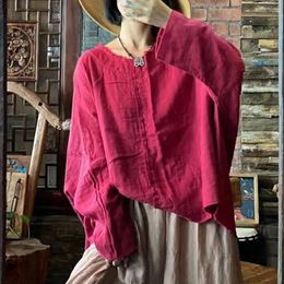 Johnature Cotton Solid Colour Shirts Vintage Women Chinese Style Autumn Tops Full Sleeve Loose Retro Torn edges Blouses 240202