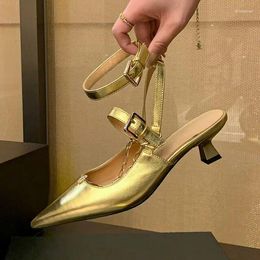 Dress Shoes Gold Leather Women Shallow Slingback Pumps Gladiator Ankle Strap Kitten Heels Sandals Punk Design Chains Silver Sandalias Femmes