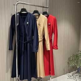 Casual Dresses 2024 Autumn Women Elegant Long Sleeve Belt V-neck Solid Wool Silk Blended Pockets A-line Midi Dress