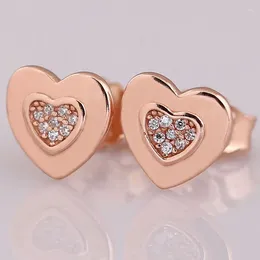 Stud Earrings Original Rose Signature Heart Earring With Crystal For Women 925 Sterling Silver Gift Fine Europe Jewelry