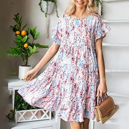 Stage Wear Pink Short Sleeved Floral Print Layered Ruffle EdgE Dress For Wom Pleated HigH Waisted Long Skirt