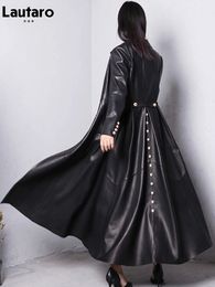 Lautaro Autumn Long Skirted Red Black Faux Leather Trench Coat for Women Double Breasted Elegant Luxury Fashion 4xl 5xl 6xl 7xl 240119