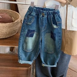 Korean Spring Autumn Toddler Boy Jeans Pant Retro Patchwork Young Kid Boy Trousers Elastic Waist Leisure Children Boy Denim Pant 240118