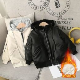 18 Year Winter Boys Leather Jacket Thick Warm Cotton Kids Coat Fashion Waterproof Zipper Hooded Children Outerwear Clothing 240122