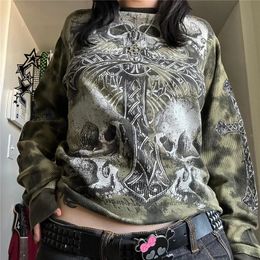 Xingqing Grunge Tops Women y2k Aesthetic Graphic Print Round Neck Long Sleeve T Shirts Goth Fairycore Clothes 2000s Streetwear 240124
