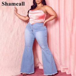 Plus Size High Waist Spliced Flared Jeans Mom 4XL Women Comfortable Elastic Tight Fringe Hem Wide Leg Trousers Women Bell Bottom 240202