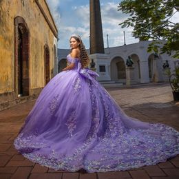 Lavender Off The Shoulder Beading Crystal Quinceanera Dresses Ball Gown Appliques Lace Bow Tull Sweet 15 Vestidos De XV Anos