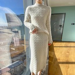 Work Dresses Elegant And Intellectual Women's Clothing Pure Wool Sweater Skirt Two-Piece Half Turtleneck Knitted Jumper Fashion Fringe