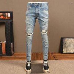 Men's Jeans Streetwear Fashion Men Retro Light Blue Stretch Slim Fit Ripped Hole Patched Designer Hip Hop Denim Pants Hombre