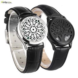 Black Genuine Leather Man Woman 30mm Aroma Locket Bracelet Stainless Steel Bangle Essential Oils Aromatherapy Locket Bracelet 240124