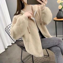 Women's Blouses Imitation Mink Fleece Short Cardigan Coat Autumn And Winter Korean Version Loose Slim Hooded Solid Knitted Top