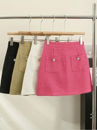 Skirts Autumn Winter Korean Temperament Rose Pink Tweed Half Skirt For Women 2024 High Waisted A-line Versatile Short