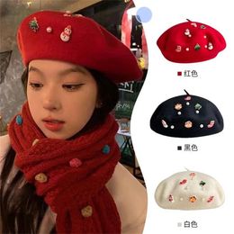 Christmas gift snowman pearl beret children winter red painter hat students cute wool beret 240130